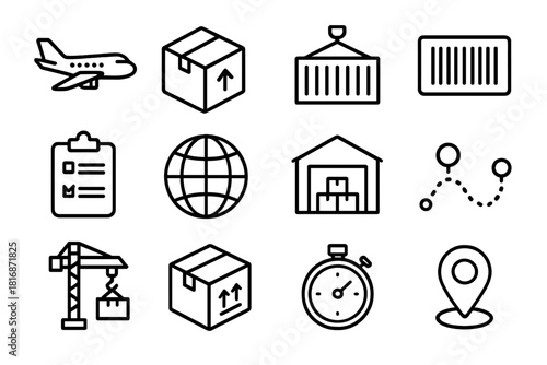 Air Freight Icons. Air Freight linear icon set. airplane, cargo box, container, barcode, clipboard, globe, warehouse, route line, stopwatch, map pin, crane, package.