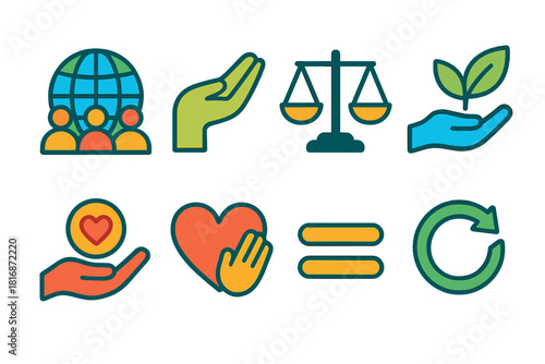 Ethical Action Icons. Ethical Action Symbols flat icon set: globe with people, care hand, justice scale, eco responsibility, donation hand, compassion heart, equality sign