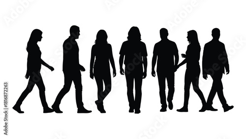 Diverse group of walking people silhouettes isolated on white background, Vector