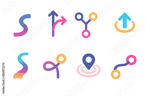 Modern Minimal Icons. Expressive Guidance Set flat icon set: sweeping curve, choice fork, modular waypoint, haloed arrow, gradient track, subtle knot point, soft beacon, route link