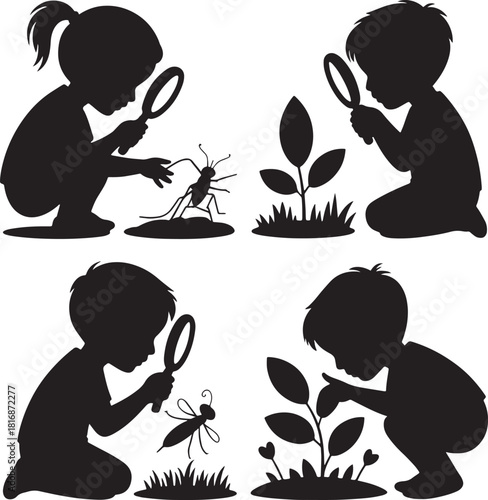 Children silhouettes observing insects and plants with magnifying glasses