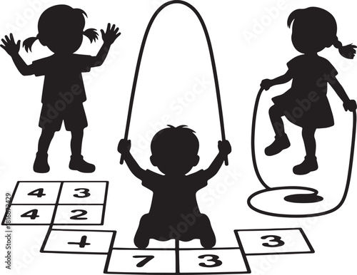 Children silhouettes playing hopscotch and jump rope