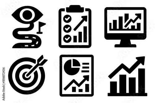 Business Analytics Icons. Business Analytics Strategy silhouette icon set: vision roadmap, KPI alignment, performance dashboard, strategic goals, analytics plan, success metrics