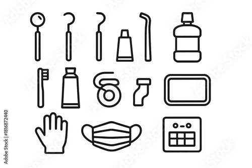 Dental Tools Outline. Dentist Tools Set linear icon set: dental mirror, probe, scaler, suction tip, toothbrush, toothpaste, floss spool, dental tray, mouthwash bottle, protective