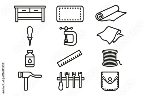 Leathercraft Workshop Icons. Traditional Leathercraft Workshop linear icon set: workbench, cutting board, leather roll, stitching awl, clamp vise, polishing cloth, dye bottle