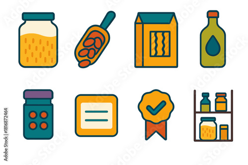 Pantry Shelf Icons. Pantry Ingredient Choice flat icon set: grain jar, dried beans scoop, pasta box, oil bottle, spice blend tin, storage label, quality marker, pantry shelf icon