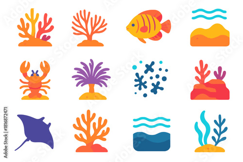 Vibrant Ocean Icons. Ocean Habitat flat icon set: coral reef, sea fan, reef fish, sand bed, crustacean, sea lily, floating plankton, reef ridge, manta ray, coral bloom, wave