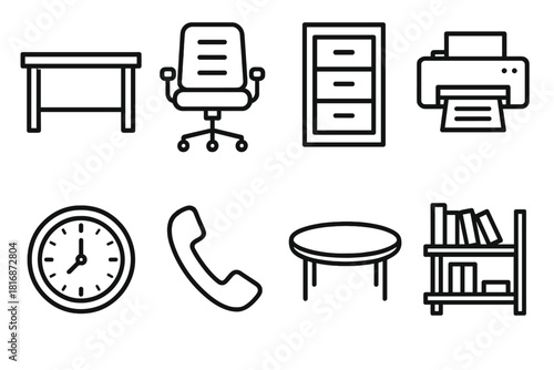 Office Essentials Icons. Business Office linear icon set: desk, swivel chair, filing cabinet, printer, phone handset, meeting table, clock, bookshelf