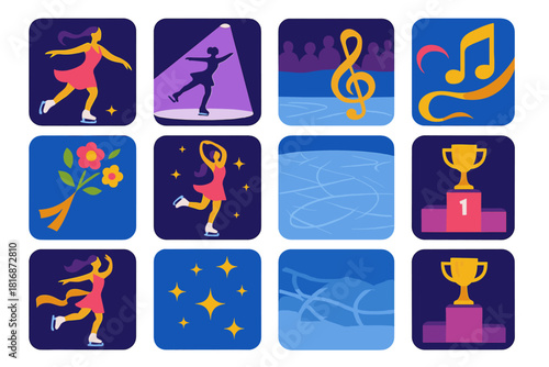 Ice Skating Spectacle. Art on Ice flat icon set: solo skater, flowing dress, spotlight arc, frozen stage, audience silhouettes, musical symbol, ribbon trail, bouquet toss, spinning