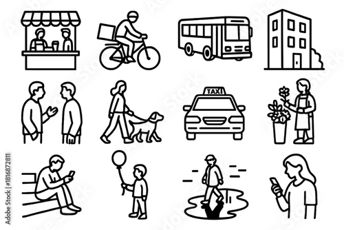 City Life Icons. Everyday Life linear icon set. coffee stand, delivery bike, city bus, building corner, people talking, dog walker, taxi cab, flower vendor, phone user, steps