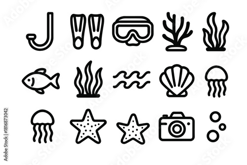 Underwater Adventure Icons. Underwater Adventure Icons linear icon set. snorkel, fins, mask, coral, fish, seaweed, wave, shell, jellyfish, starfish, camera, bubbles