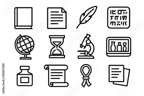 Historical Research Icons. Historical research linear icon set: library book, document, quill pen, ancient text, globe, hourglass, microscope, artifact tray, ink bottle, open