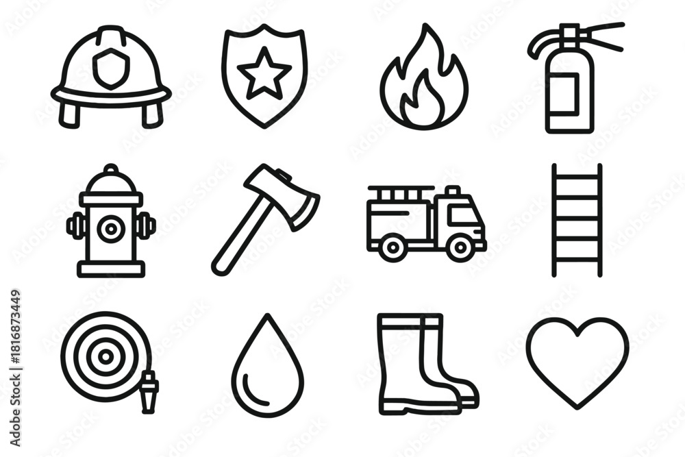 Obraz premium Heroic Firefighter Icons. Heroic Service linear icon set: helmet, badge, flame, extinguisher, hydrant, axe, truck, ladder, hose, water droplet, boots, heart
