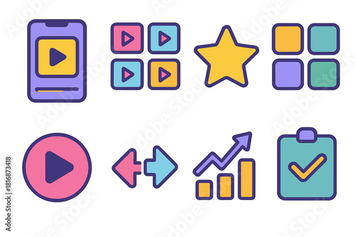 Modern Streaming Interface. Streaming Discovery flat icons set. mobile app, show thumbnails, genre grid, recommendation star, play button, swipe arrows, trending chart, watchlist