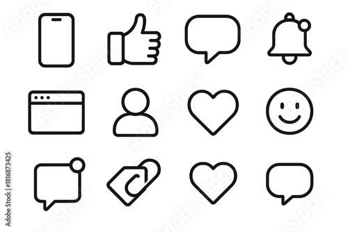 Interactive Social Icons. Social interaction linear icon set: smartphone, like icon, comment box, message bubble, post window, follower count, smile emoji, notification, tag, link