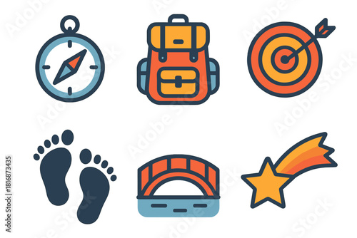 Motivational Vector Journey. Motivational Journey flat icon set: compass, backpack, footprints, goal target, bridge, shooting star