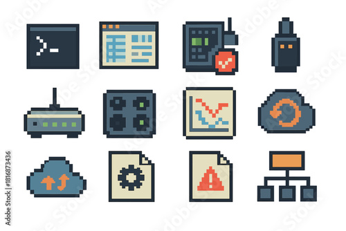 System Tools Icons. Systems Support Tools Icons pixel style icon set: command prompt, task manager window, hardware check icon, cable tester, router panel, port indicator