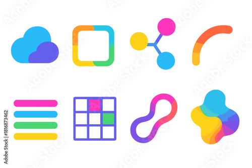 Modern Interaction Icons. Creative Interaction Flow flat icon set: concept cloud, evolving frame, branching ideas, dynamic arc, layered lines, design grid, motion thread, adaptive
