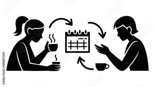 Business planning, communication, and scheduling icon featuring two silhouetted people interacting around a calendar for efficient time management.