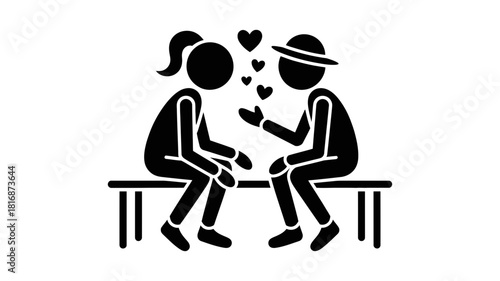 Couple in love sitting on a bench, expressing affection with hearts, simple flat design pictogram representing romance, dating, connection, and partnership concept.