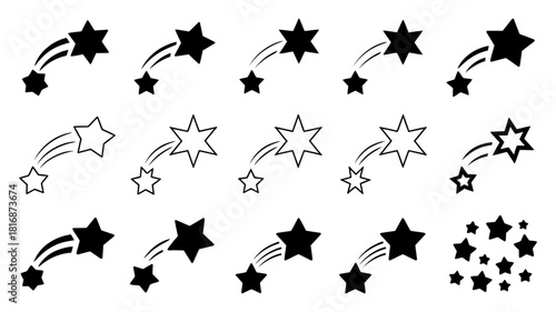 Collection of shooting star and static star icons in black and white, featuring various designs with trails and outlines, perfect for graphic design elements