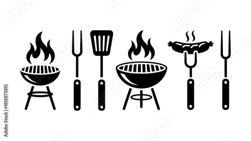 Barbecue and grilling tools icon set, including grills with flames, spatula, and meat forks with sausage, perfect for cookout designs