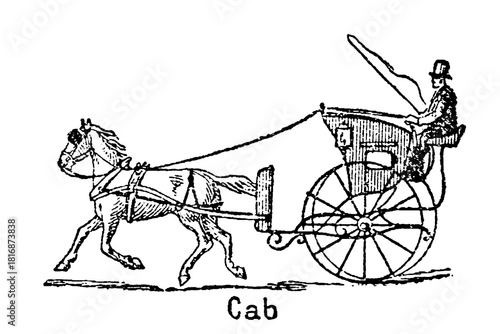 Hansom cab with driver and single horse, 1850s, Victorian-era taxi, old vintage illustration, 1897.