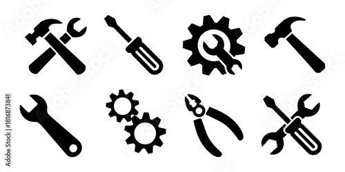 Construction and repair tools icon set featuring hammer, wrench, screwdriver, pliers, and gears for maintenance and settings related design.