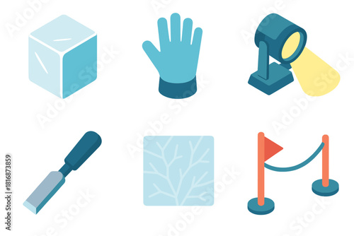 Ice Carving Icons. Outdoor Ice Exhibition flat icons set. ice block, artist glove, carving tool, spotlight beam, frozen texture, path marker