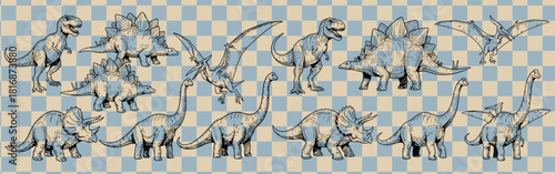 Seamless pattern featuring various dinosaurs like tyrannosaurus triceratops and stegosaurus on checkered background