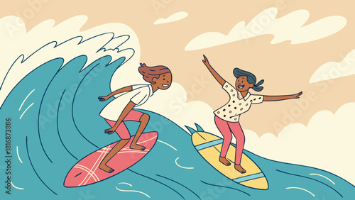 Boy and girl riding skateboard and hoverboard sky-blue outline white fill playful activity modern clean vector