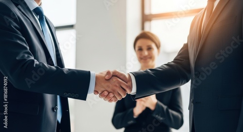 A firm handshake between two male executives in formal suits signifies a successful agreement, with a smiling businesswoman witnessing the partnership in a bright office