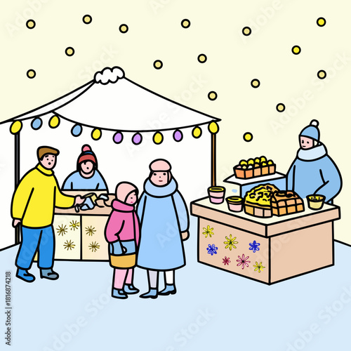 People enjoy a festive winter market with food stalls and falling snow