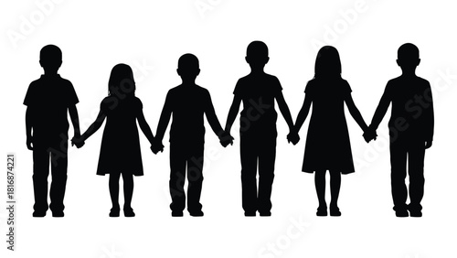 Children holding hands silhouette isolated on white background, Vector