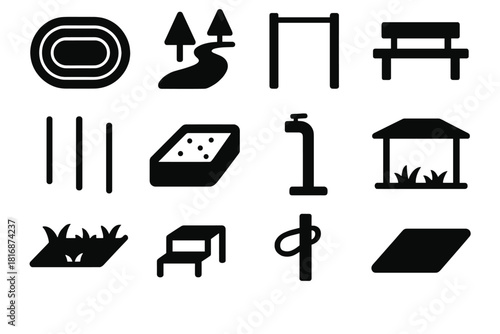 Brutalist Outdoor Fitness Icons. Outdoor Fitness Icons silhouette icon set: running track, park trail, pull-up bar station, outdoor bench, agility poles, sand workout zone
