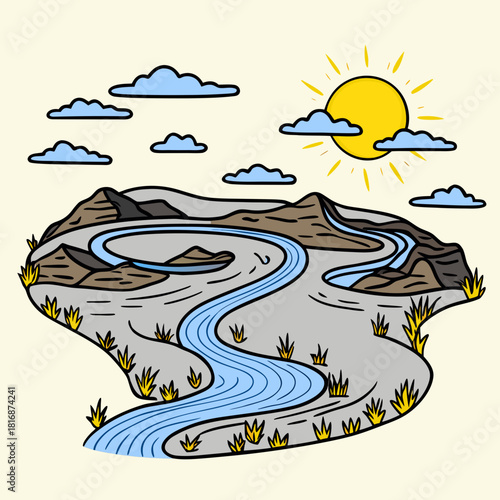 Stylized illustration of a winding river flowing through a mountainous landscape under a sunny sky