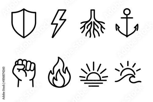 Symbols of Inner Strength. Inner Strength linear icon set: shield, lightning bolt, tree roots, anchor, clenched fist, flame, sunbeam, calm wave