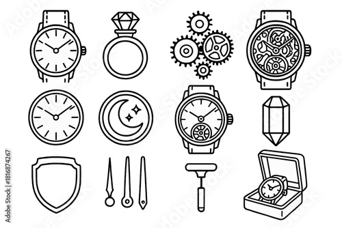 Luxury Watch Icons. Luxury Horology linear icon set: gold watch, gem crown, intricate gears, leather strap, dial detail, moon phase, tourbillon, sapphire crystal, brandless logo