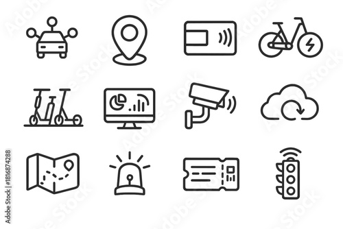 Smart Transport Icons. Smart Transportation Icons linear icon set: connected vehicle node, real-time tracker, transit card, e-bike hub, micro-mobility dock, data dashboard, traffic