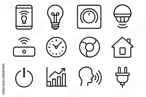 Smart Home Tech Icons. Smart lighting systems linear icon set: smartphone app, smart bulb, dimmer switch, motion sensor, wireless hub, timer, color wheel, home icon, power button