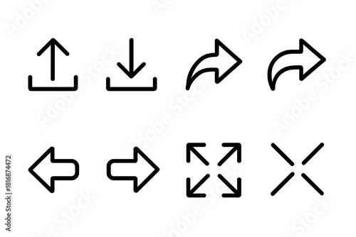 Outlined Arrow Icons. Arrow Actions linear icon set: upload arrow, download arrow, share arrow, reply arrow, forward arrow, back arrow, expand arrow, collapse arrow