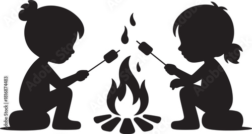 Two children roasting marshmallows over a campfire silhouette 1