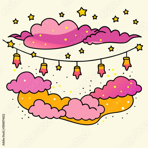 Whimsical pink clouds and starry night lights with festive lanterns