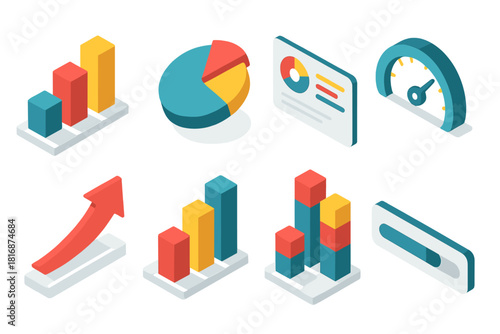 Vibrant Isometric Icons. Isometric Visual Metrics Pack flat icons set. 3D bars, tilted pie, layered chart, floating dashboard, gauge dial, trend arrow, stacked columns, progress