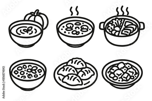 Seasonal Food Icons. Seasonal Favorites linear icon set: pumpkin soup, clam chowder, hot pot, minestrone, dumplings, stew plate