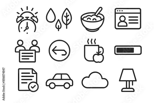 Labor Day Routine Icons. Labor Day Routine Flow Icons linear icon set: wake-up sun, routine steps, breakfast bowl, focus window, meeting note, workflow arrow, snack break, progress
