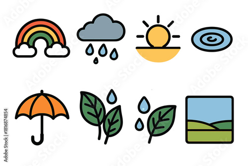 Vibrant Sky Icons. Colorful Sky Moment linear icon set: bright rainbow, rain cloud, golden light, water ripple, open umbrella, wet leaves, peaceful field, clear horizon