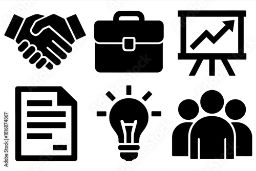 Bold Mentorship Icons. Businessmentorship silhouette icon set. handshake, briefcase, chart board, document, light bulb, group of people.