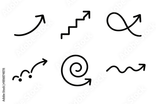 Dynamic Line Icons. Creative Motion Patterns linear icon set: curved sweep, staggered steps, looping ribbon, bouncing dot, spiraling arc, drifting line
