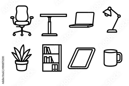 Modern Workspace Icons. Modern Workspace linear icon set. ergonomic chair, standing desk, laptop, task lamp, potted plant, bookshelf, rug, coffee mug